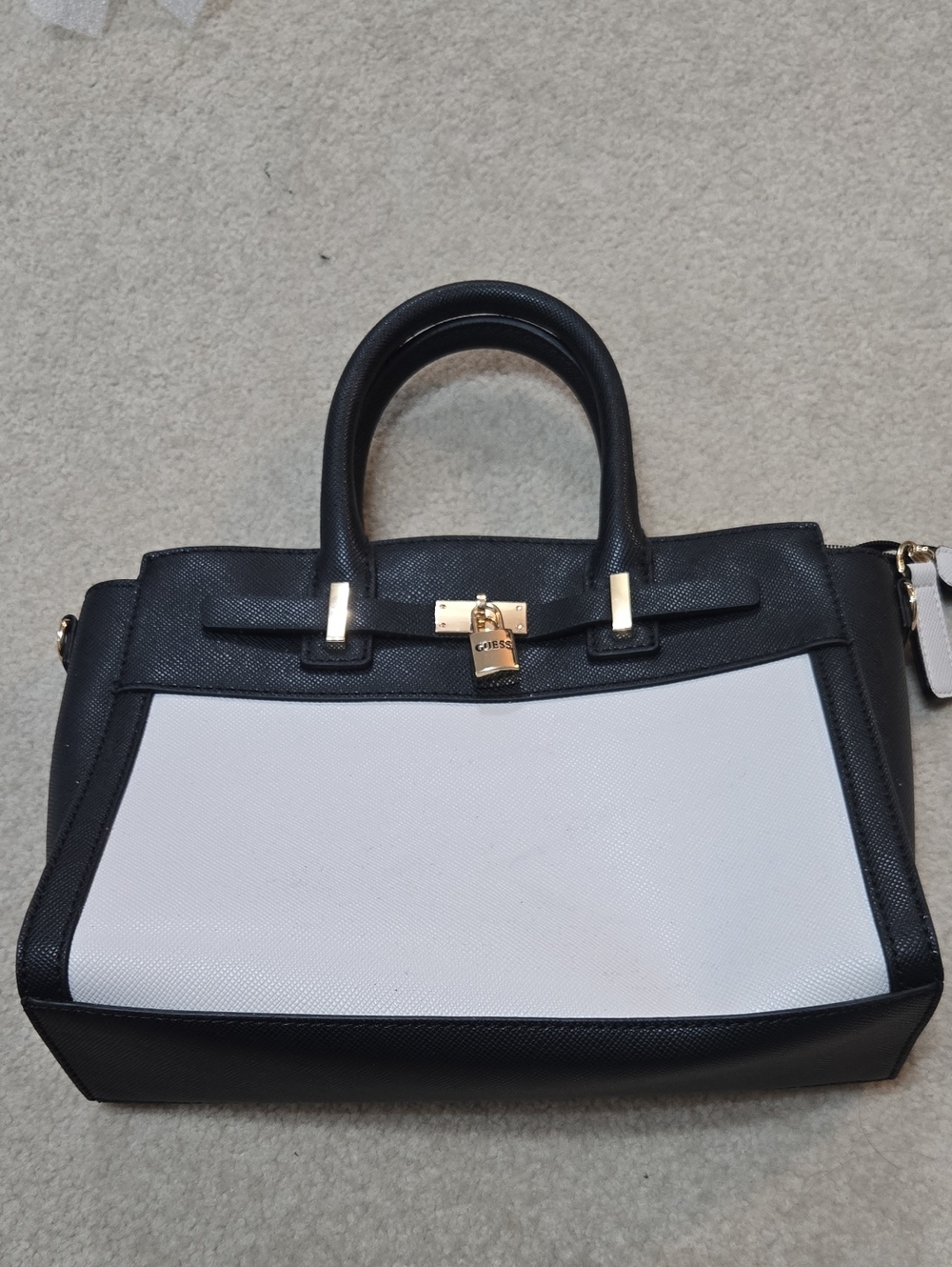 GUESS Two-Tone Black & White Structured Top-Handle Satchel with Gold Lock